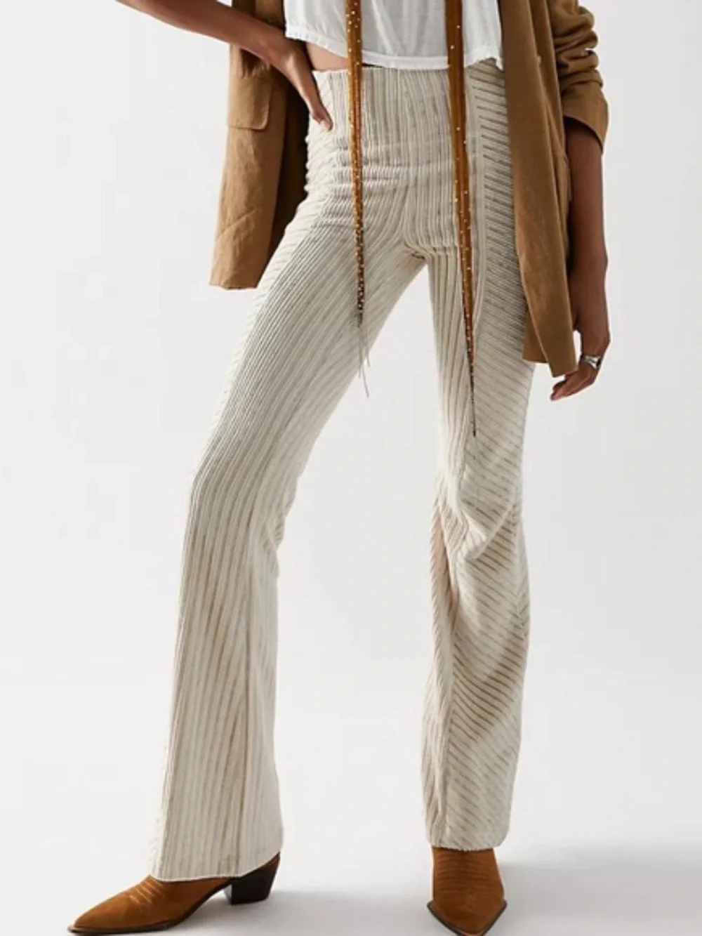 Free People Slim Pull-On Velvet Flare Pants XS Champagne High Rise Striped Boho